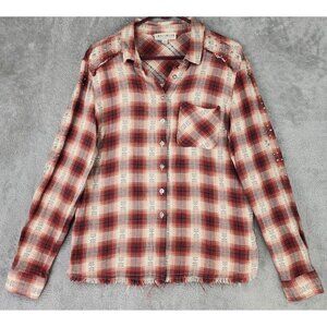 Idyll Wind Shirt Womens Large Red Cream Plaid Flannel Beaded Fringed Western Top